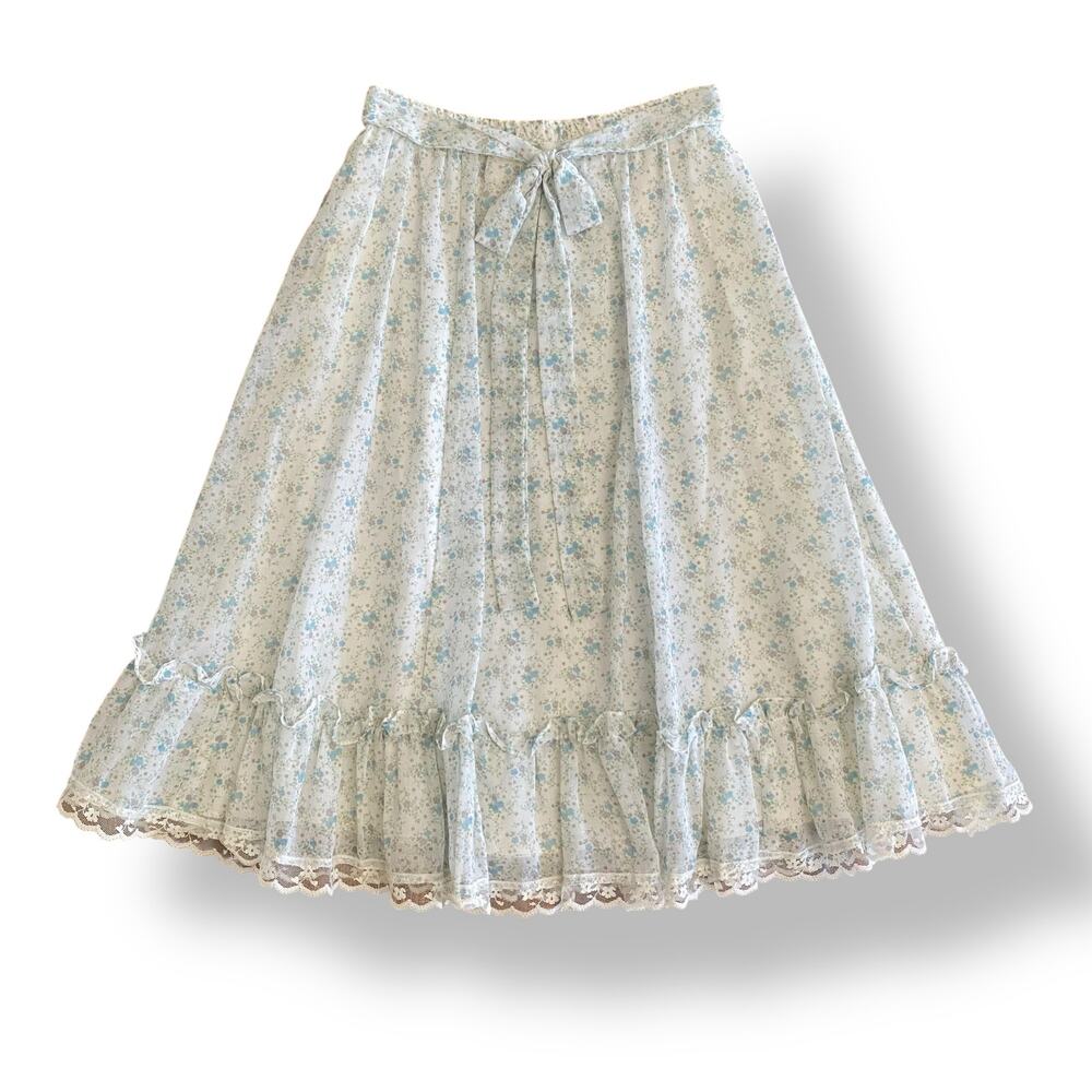 Gunne Sax Jeunes Filles Vintage 1970 Cream Blue Floral Ruffled Skirt Set Size 14 - Picture 9 of 16